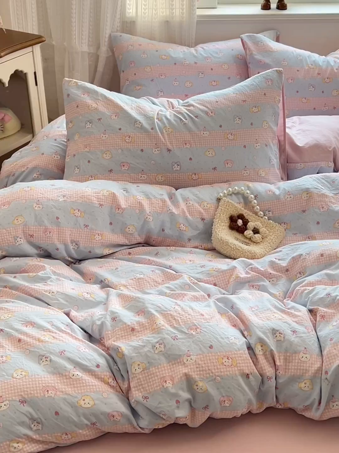 91家纺网 家纺一手货源 找家纺 优尚佳生活馆 【提供买家秀】2026新款加厚水洗仿棉A类印花四件套 糖果喵咪