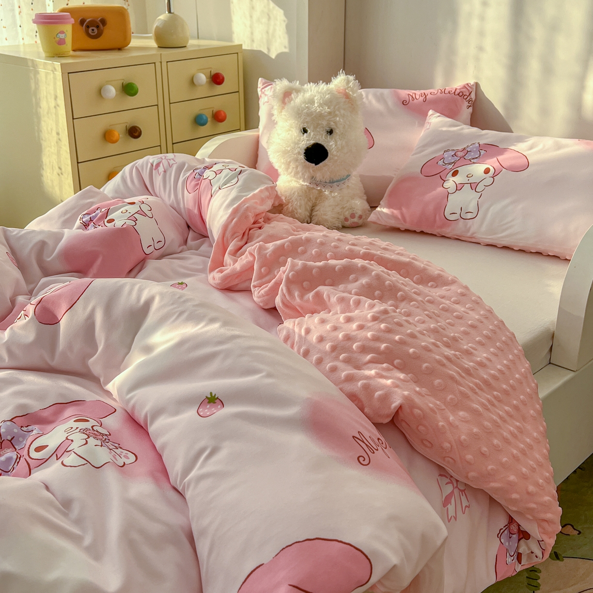 91家纺网 家纺一手货源 找家纺 希诺家居 2026新款三丽鸥针织豆豆多功能盖毯可拆卸被子被套儿童学生被子 爱心美乐蒂