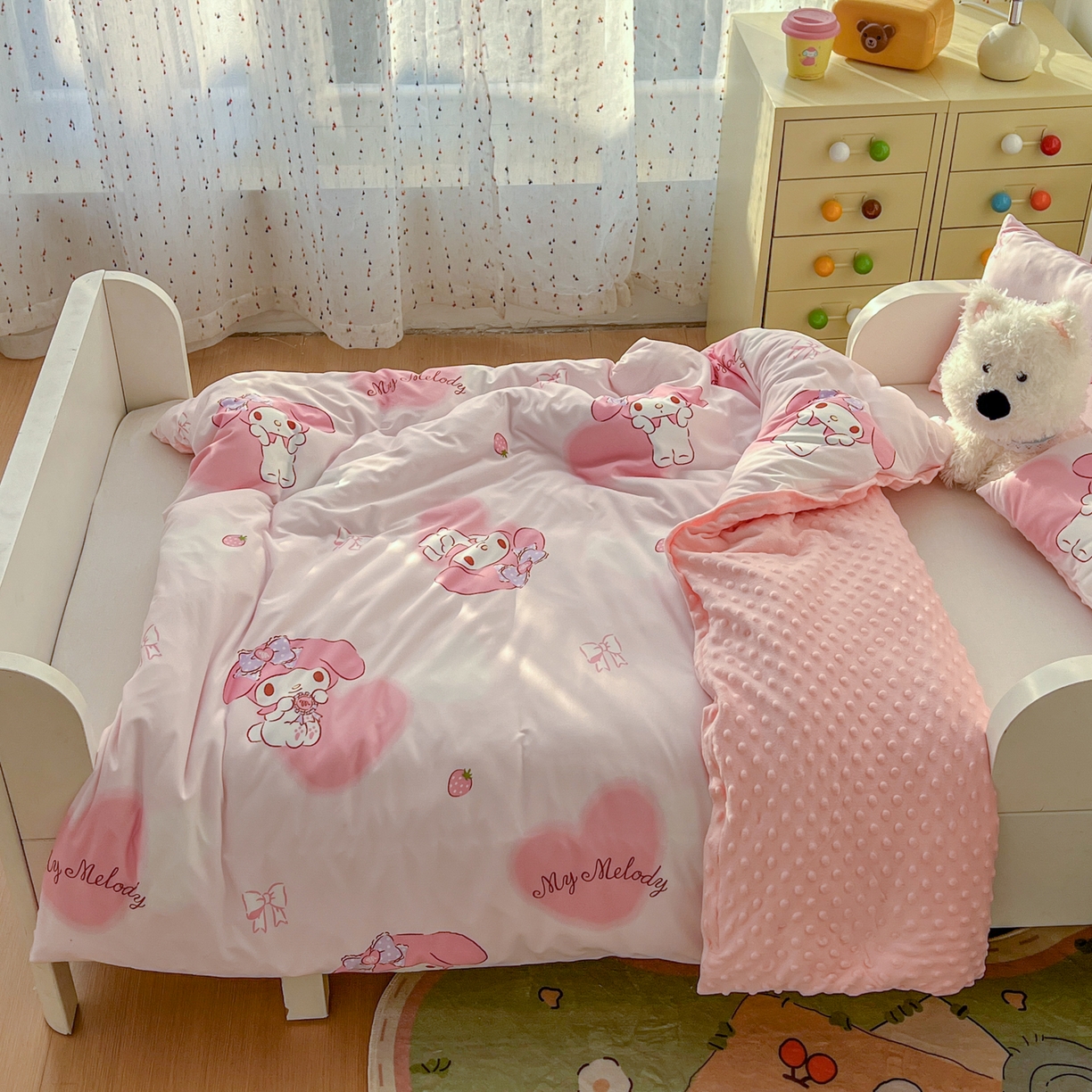 91家纺网 家纺一手货源 找家纺 希诺家居 2026新款三丽鸥针织豆豆多功能盖毯可拆卸被子被套儿童学生被子 爱心美乐蒂