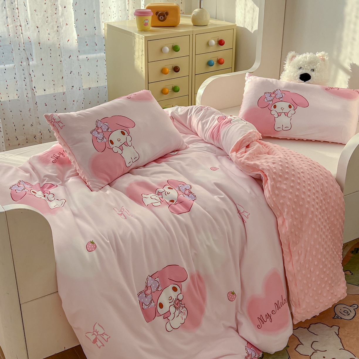 91家纺网 家纺一手货源 找家纺 希诺家居 2026新款三丽鸥针织豆豆多功能盖毯可拆卸被子被套儿童学生被子 爱心美乐蒂