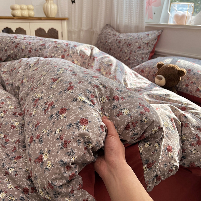 优佳优品 【提供买家秀】2026新款加厚水洗仿棉A类印花四件套 酒红碎花