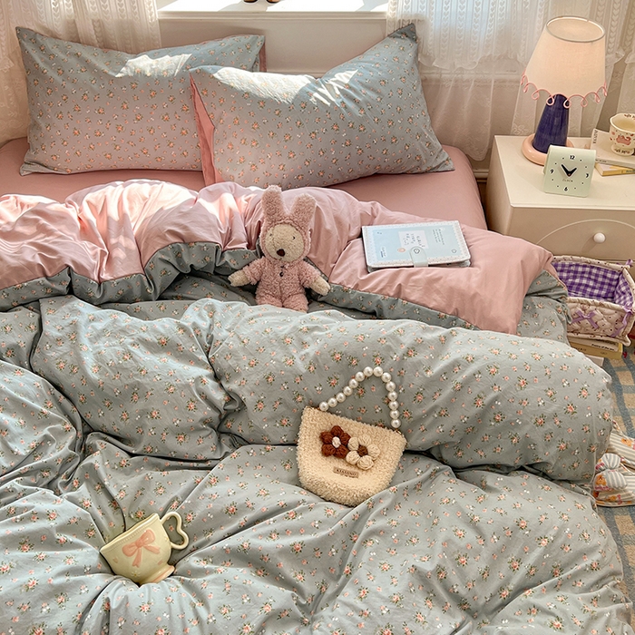 91家纺网 家纺一手货源 找家纺 优尚佳生活馆 【提供买家秀】2026新款加厚水洗仿棉A类印花四件套 浅绿花田