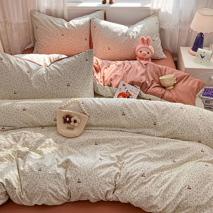 91家纺网 家纺一手货源 找家纺 优尚佳生活馆 【提供买家秀】2026新款加厚水洗仿棉A类印花四件套 浅枝甜樱