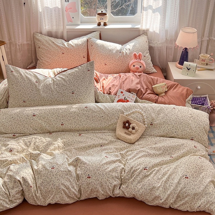 91家纺网 家纺一手货源 找家纺 优尚佳生活馆 【提供买家秀】2026新款加厚水洗仿棉A类印花四件套 浅枝甜樱