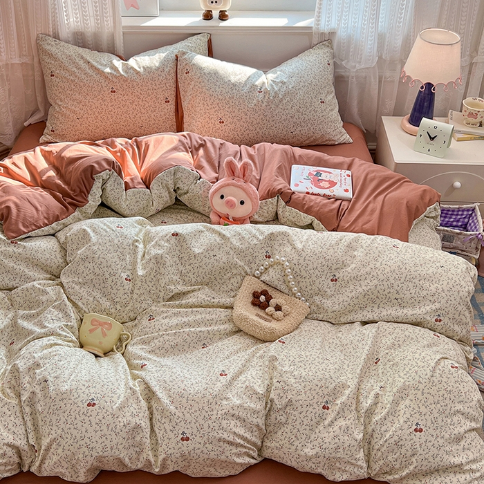 91家纺网 家纺一手货源 找家纺 优尚佳生活馆 【提供买家秀】2026新款加厚水洗仿棉A类印花四件套 浅枝甜樱