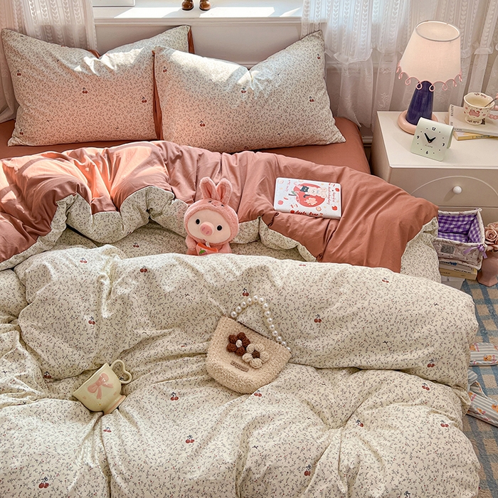 91家纺网 家纺一手货源 找家纺 优尚佳生活馆 【提供买家秀】2026新款加厚水洗仿棉A类印花四件套 浅枝甜樱