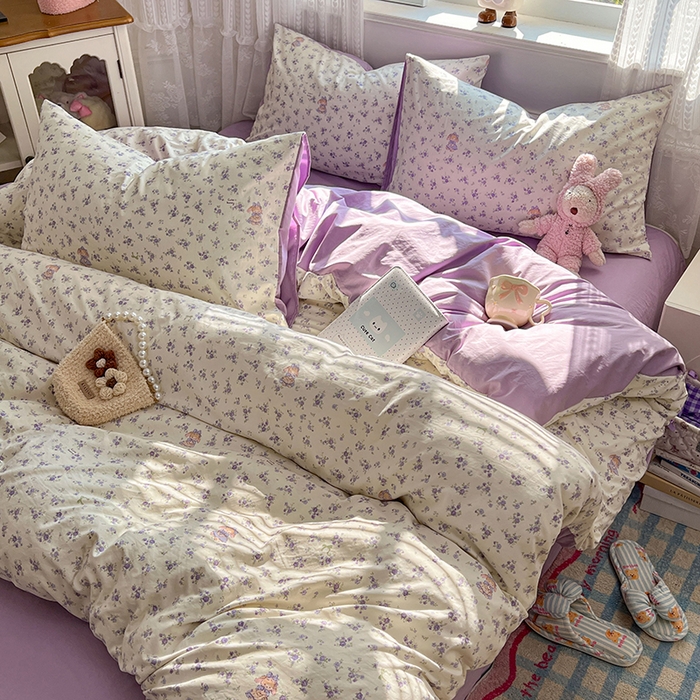 91家纺网 家纺一手货源 找家纺 优尚佳生活馆 【提供买家秀】2026新款加厚水洗仿棉A类印花四件套 浅紫花漾