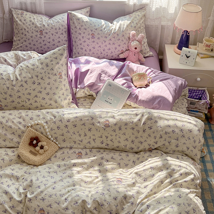 91家纺网 家纺一手货源 找家纺 优尚佳生活馆 【提供买家秀】2026新款加厚水洗仿棉A类印花四件套 浅紫花漾