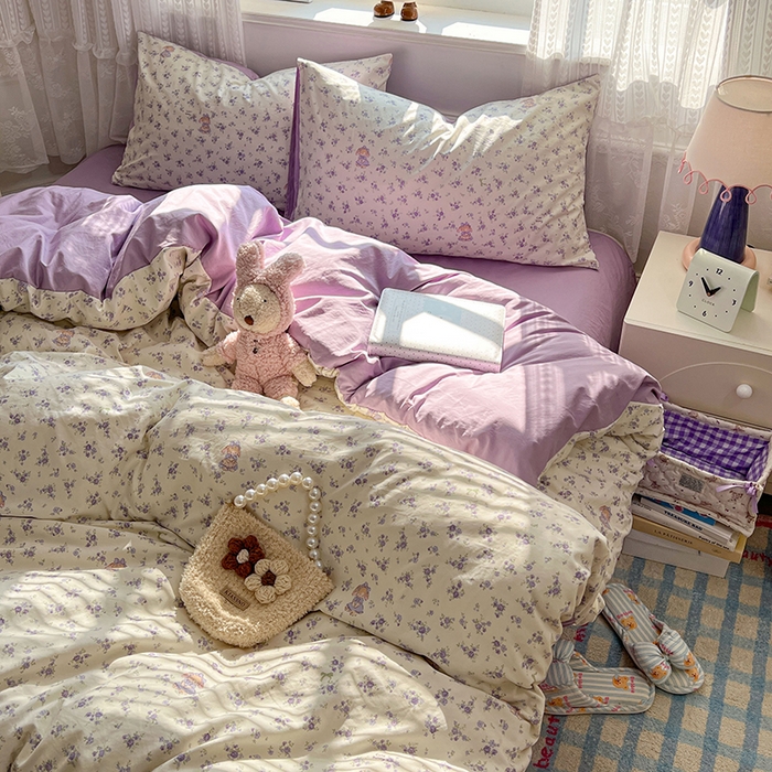 91家纺网 家纺一手货源 找家纺 优尚佳生活馆 【提供买家秀】2026新款加厚水洗仿棉A类印花四件套 浅紫花漾