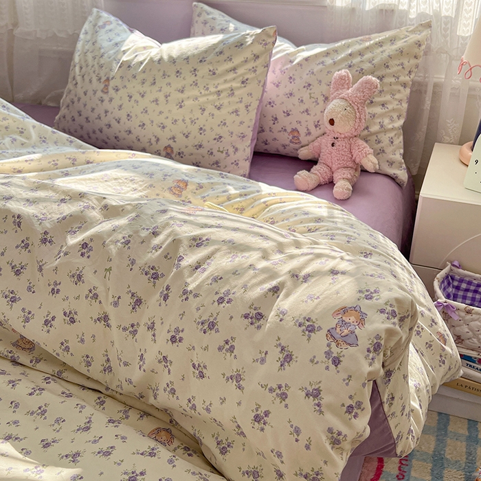 91家纺网 家纺一手货源 找家纺 优尚佳生活馆 【提供买家秀】2026新款加厚水洗仿棉A类印花四件套 浅紫花漾