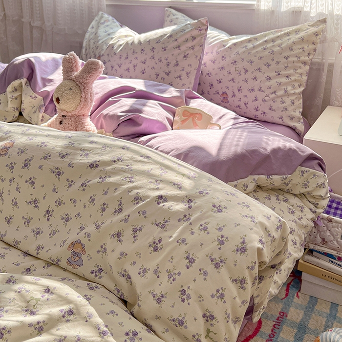 91家纺网 家纺一手货源 找家纺 优尚佳生活馆 【提供买家秀】2026新款加厚水洗仿棉A类印花四件套 浅紫花漾
