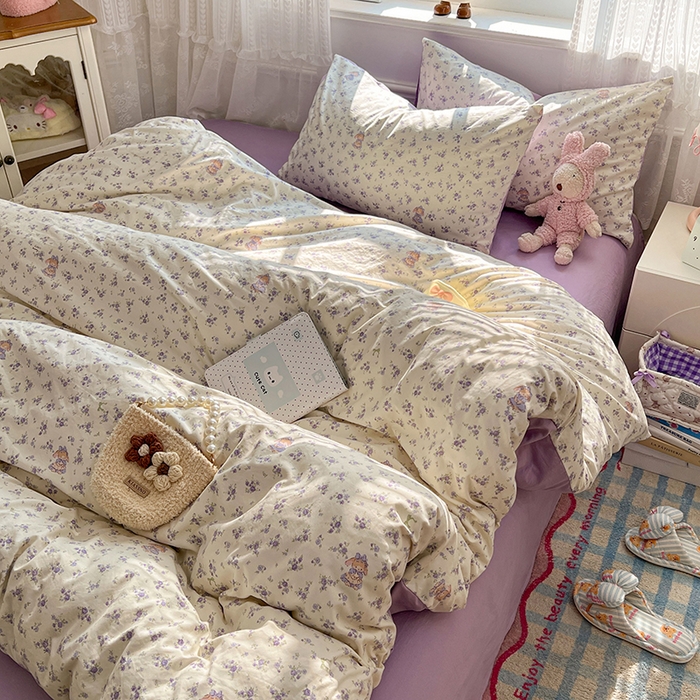 91家纺网 家纺一手货源 找家纺 优尚佳生活馆 【提供买家秀】2026新款加厚水洗仿棉A类印花四件套 浅紫花漾