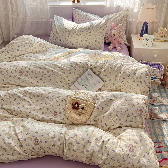 91家纺网 家纺一手货源 找家纺 优尚佳生活馆 【提供买家秀】2026新款加厚水洗仿棉A类印花四件套 浅紫花漾