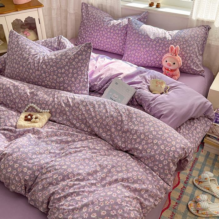 91家纺网 家纺一手货源 找家纺 优尚佳生活馆 【提供买家秀】2026新款加厚水洗仿棉A类印花四件套 紫樱漫庭