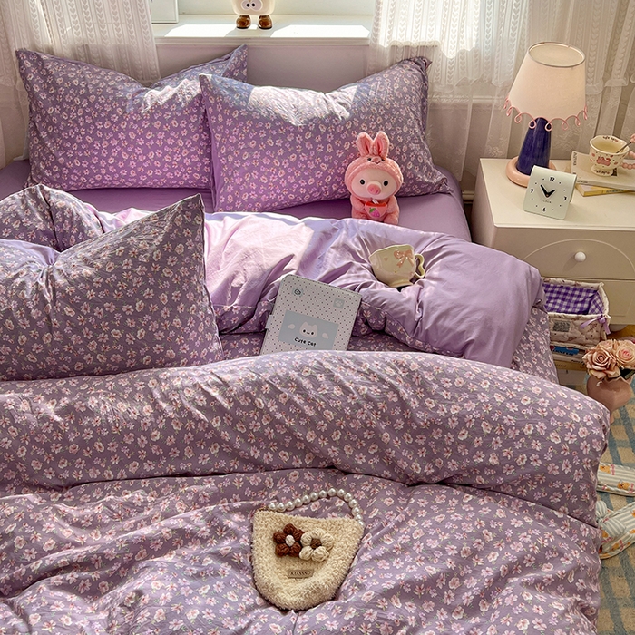 91家纺网 家纺一手货源 找家纺 优尚佳生活馆 【提供买家秀】2026新款加厚水洗仿棉A类印花四件套 紫樱漫庭