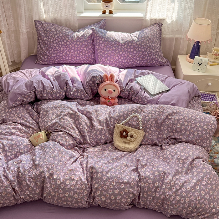 91家纺网 家纺一手货源 找家纺 优尚佳生活馆 【提供买家秀】2026新款加厚水洗仿棉A类印花四件套 紫樱漫庭