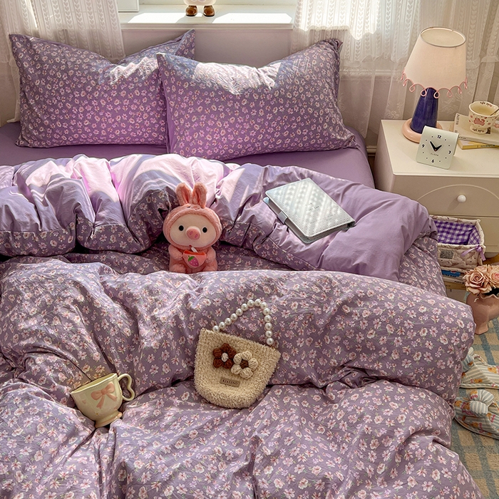 91家纺网 家纺一手货源 找家纺 优尚佳生活馆 【提供买家秀】2026新款加厚水洗仿棉A类印花四件套 紫樱漫庭