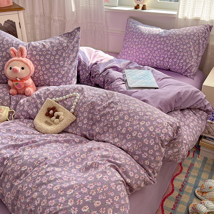 91家纺网 家纺一手货源 找家纺 优尚佳生活馆 【提供买家秀】2026新款加厚水洗仿棉A类印花四件套 紫樱漫庭