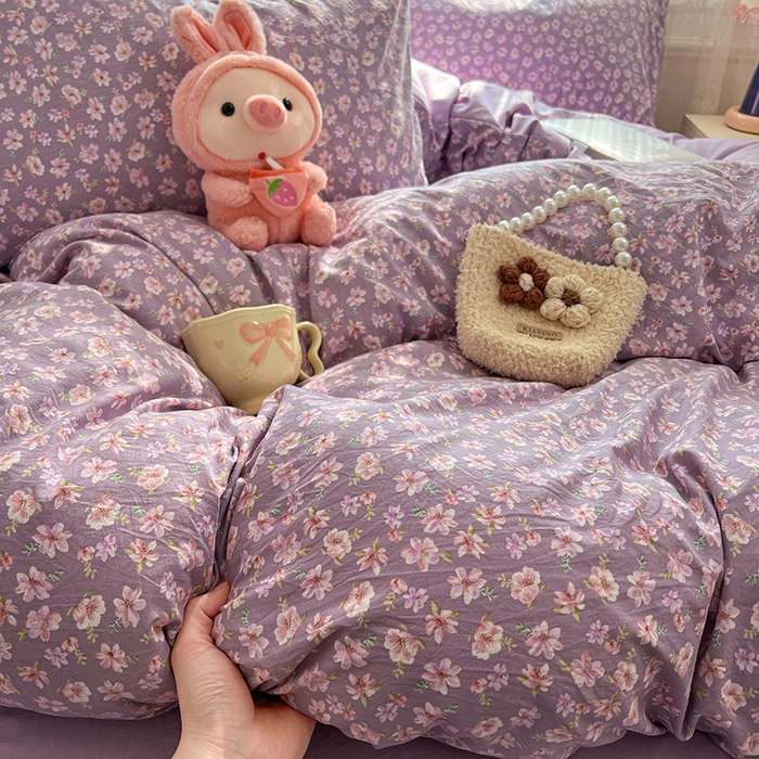 91家纺网 家纺一手货源 找家纺 优尚佳生活馆 【提供买家秀】2026新款加厚水洗仿棉A类印花四件套 紫樱漫庭