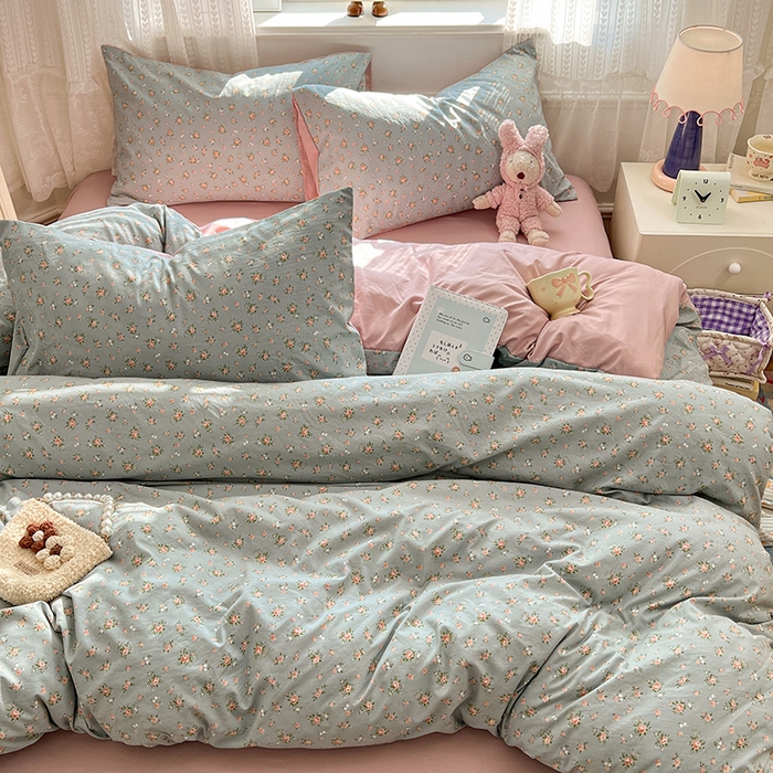 91家纺网 家纺一手货源 找家纺 优佳优品 【提供买家秀】2026新款加厚水洗仿棉A类印花四件套 浅绿花田