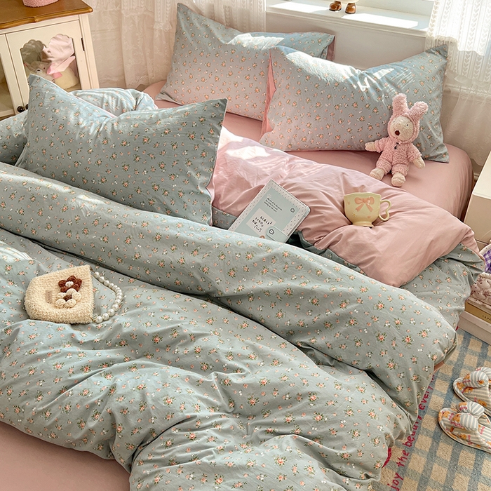 91家纺网 家纺一手货源 找家纺 优佳优品 【提供买家秀】2026新款加厚水洗仿棉A类印花四件套 浅绿花田