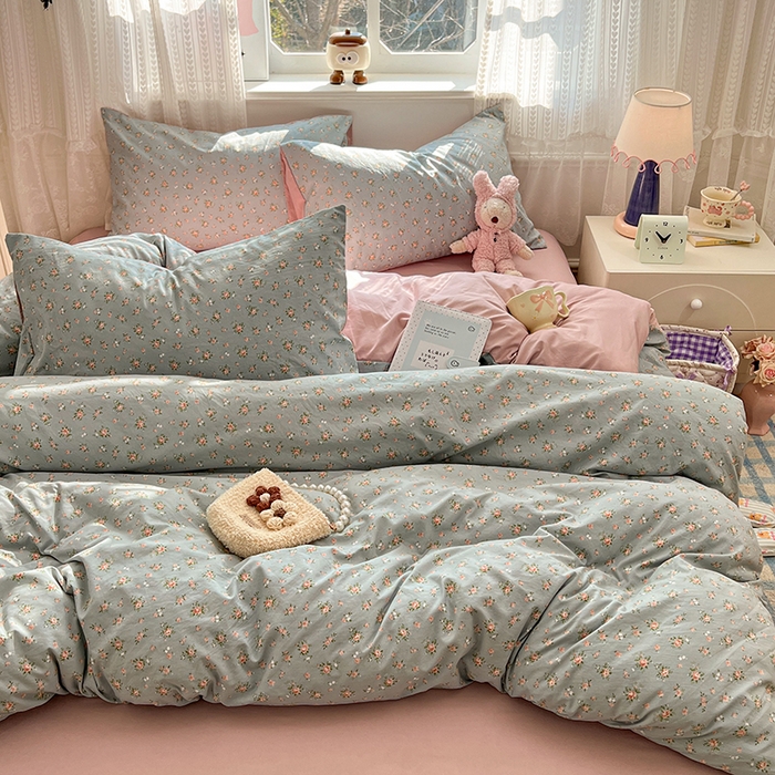 91家纺网 家纺一手货源 找家纺 优佳优品 【提供买家秀】2026新款加厚水洗仿棉A类印花四件套 浅绿花田