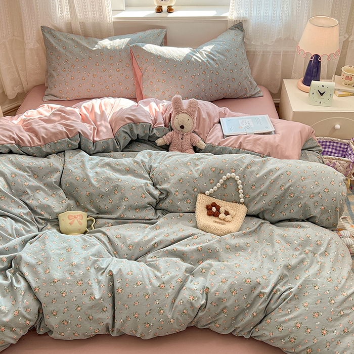 91家纺网 家纺一手货源 找家纺 优佳优品 【提供买家秀】2026新款加厚水洗仿棉A类印花四件套 浅绿花田