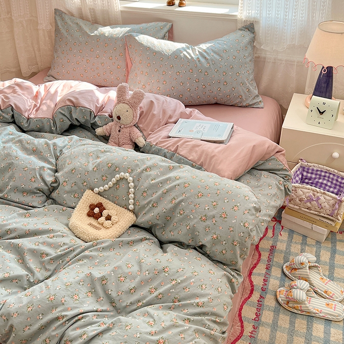 91家纺网 家纺一手货源 找家纺 优佳优品 【提供买家秀】2026新款加厚水洗仿棉A类印花四件套 浅绿花田