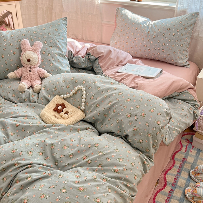 91家纺网 家纺一手货源 找家纺 优佳优品 【提供买家秀】2026新款加厚水洗仿棉A类印花四件套 浅绿花田