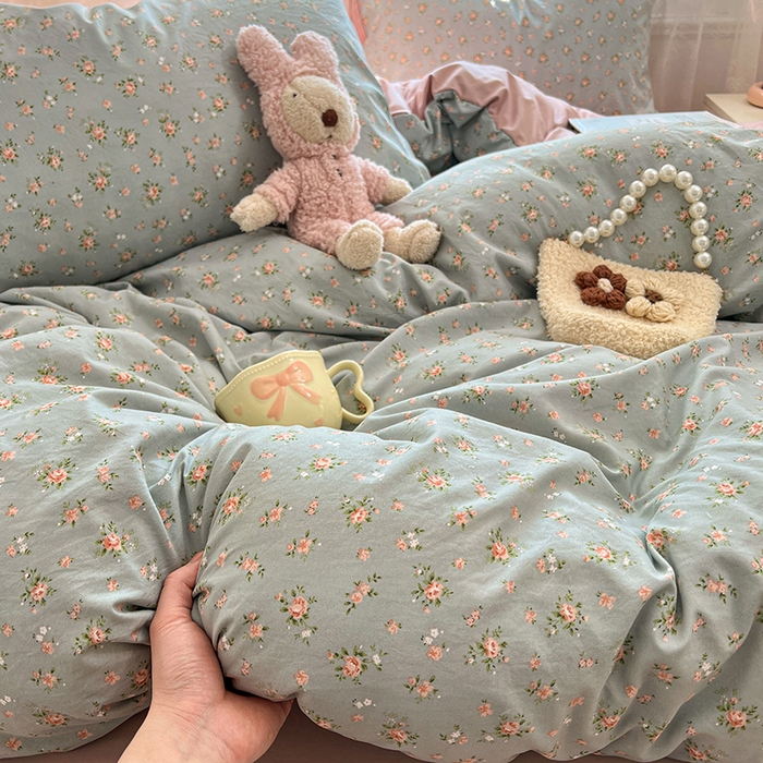 91家纺网 家纺一手货源 找家纺 优佳优品 【提供买家秀】2026新款加厚水洗仿棉A类印花四件套 浅绿花田