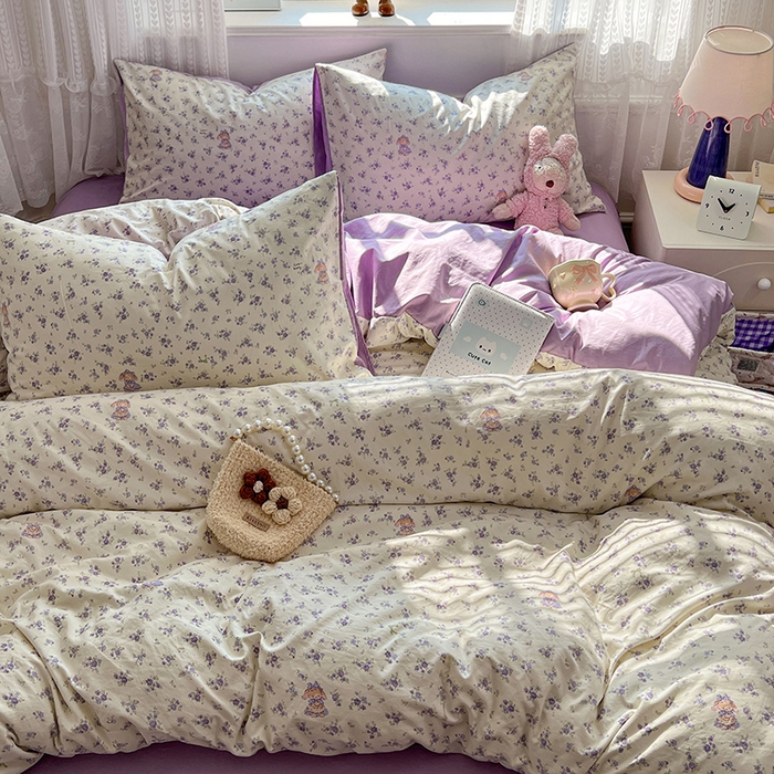 91家纺网 家纺一手货源 找家纺 优佳优品 【提供买家秀】2026新款加厚水洗仿棉A类印花四件套 浅紫花漾