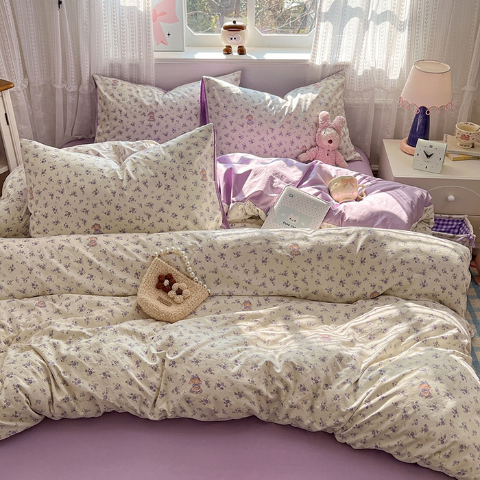 91家纺网 家纺一手货源 找家纺 优佳优品 【提供买家秀】2026新款加厚水洗仿棉A类印花四件套 浅紫花漾