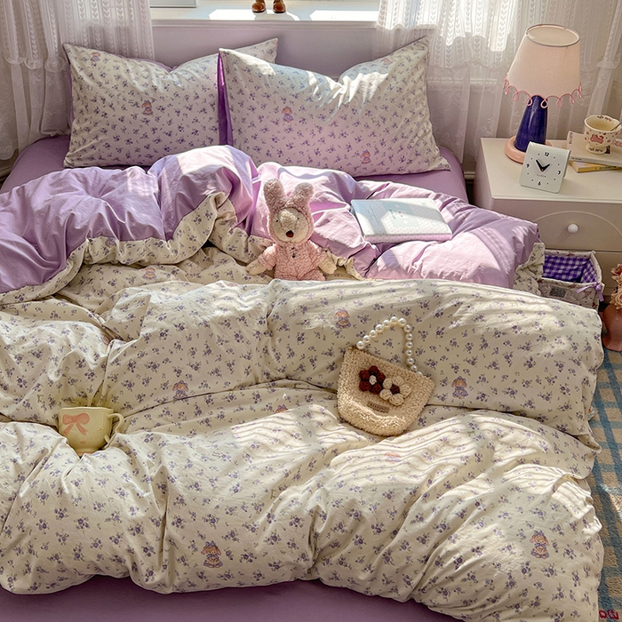 91家纺网 家纺一手货源 找家纺 优佳优品 【提供买家秀】2026新款加厚水洗仿棉A类印花四件套 浅紫花漾