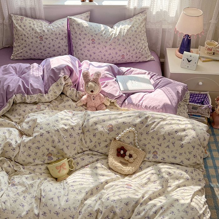 91家纺网 家纺一手货源 找家纺 优佳优品 【提供买家秀】2026新款加厚水洗仿棉A类印花四件套 浅紫花漾