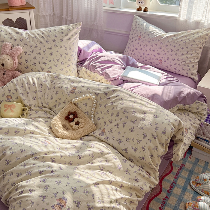 91家纺网 家纺一手货源 找家纺 优佳优品 【提供买家秀】2026新款加厚水洗仿棉A类印花四件套 浅紫花漾