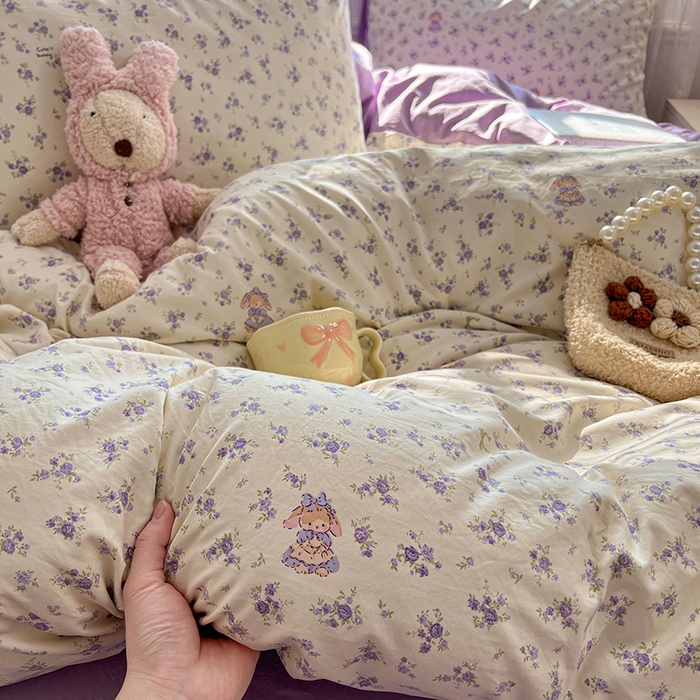 91家纺网 家纺一手货源 找家纺 优佳优品 【提供买家秀】2026新款加厚水洗仿棉A类印花四件套 浅紫花漾