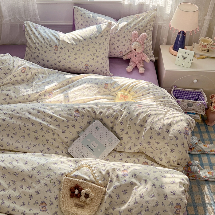 91家纺网 家纺一手货源 找家纺 优佳优品 【提供买家秀】2026新款加厚水洗仿棉A类印花四件套 浅紫花漾