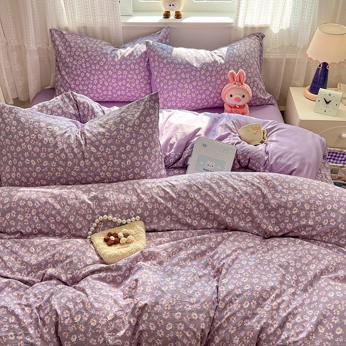 91家纺网 家纺一手货源 找家纺 优佳优品 【提供买家秀】2026新款加厚水洗仿棉A类印花四件套 紫樱漫庭