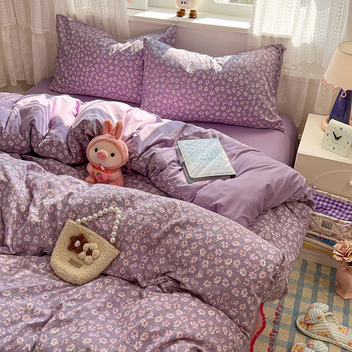 91家纺网 家纺一手货源 找家纺 优佳优品 【提供买家秀】2026新款加厚水洗仿棉A类印花四件套 紫樱漫庭