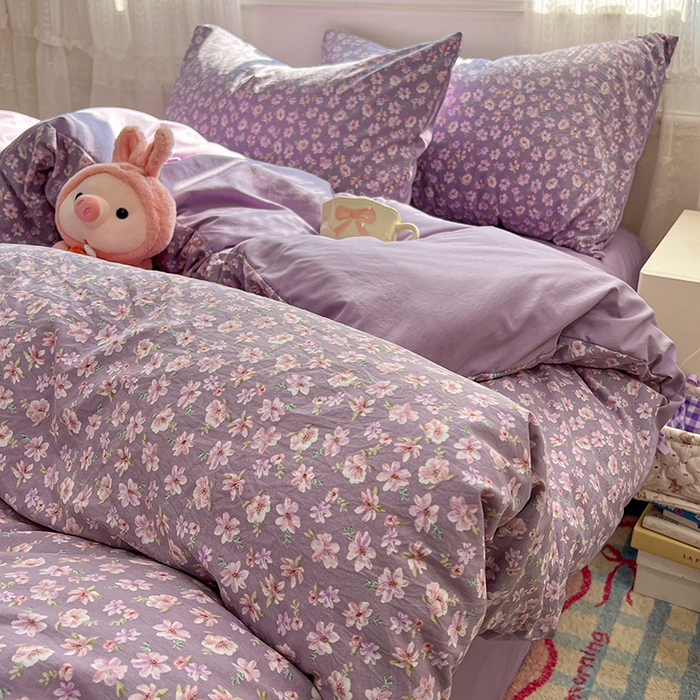 91家纺网 家纺一手货源 找家纺 优佳优品 【提供买家秀】2026新款加厚水洗仿棉A类印花四件套 紫樱漫庭