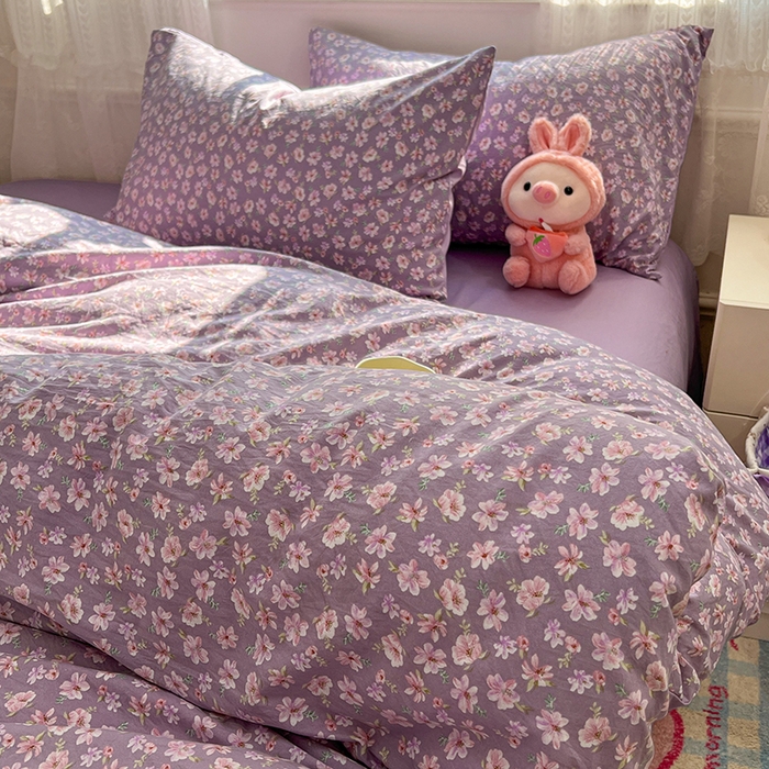 91家纺网 家纺一手货源 找家纺 优佳优品 【提供买家秀】2026新款加厚水洗仿棉A类印花四件套 紫樱漫庭