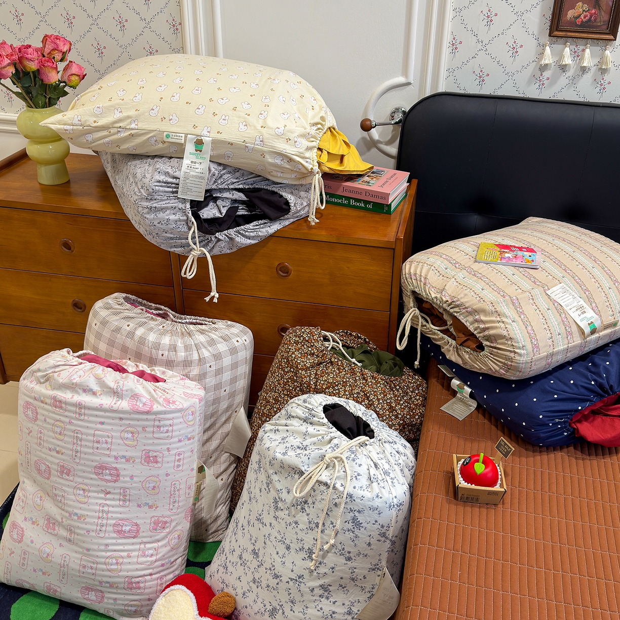 91家纺网 家纺一手货源 找家纺 （总）赫梵茜 2026新款韩系古法韩国水洗棉仿棉云感棉大布袋法式浪漫大花边床盖四件套