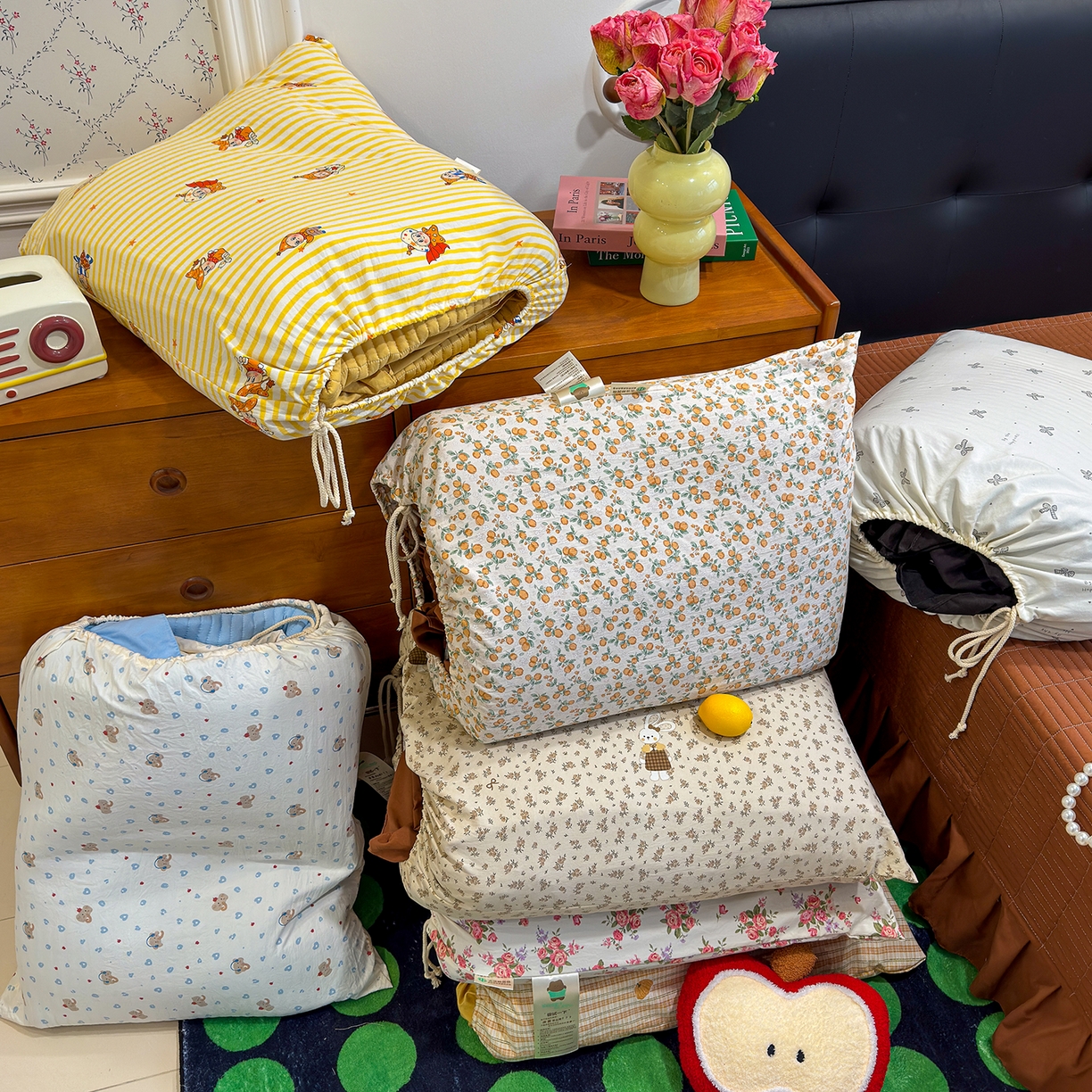 91家纺网 家纺一手货源 找家纺 （总）赫梵茜 2026新款韩系古法韩国水洗棉仿棉云感棉大布袋法式浪漫大花边床盖四件套