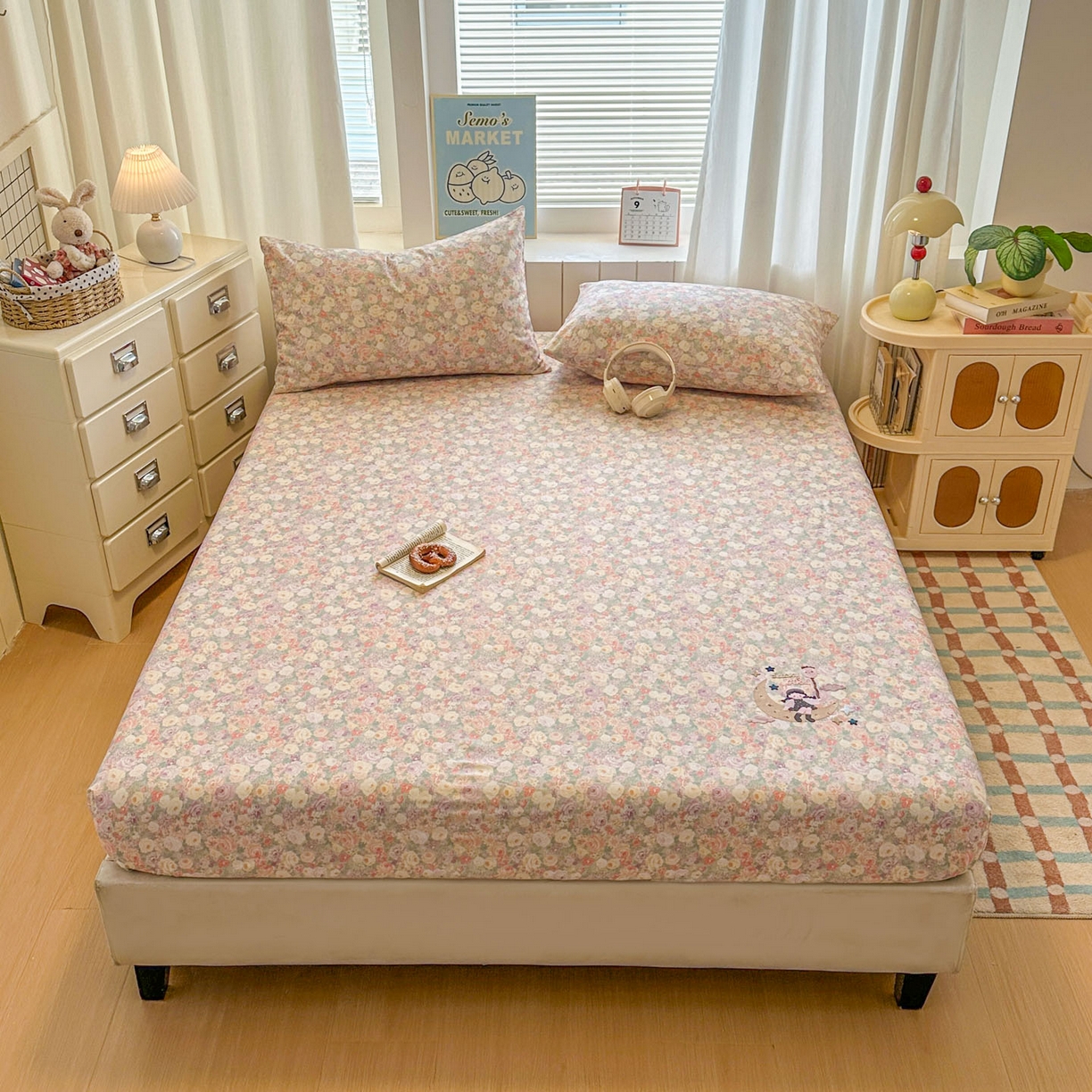 91家纺网 家纺一手货源 找家纺 易辰美 2026新款13372全棉纯棉印花卡通床笠单品床笠单件单床笠 月亮女孩（二）