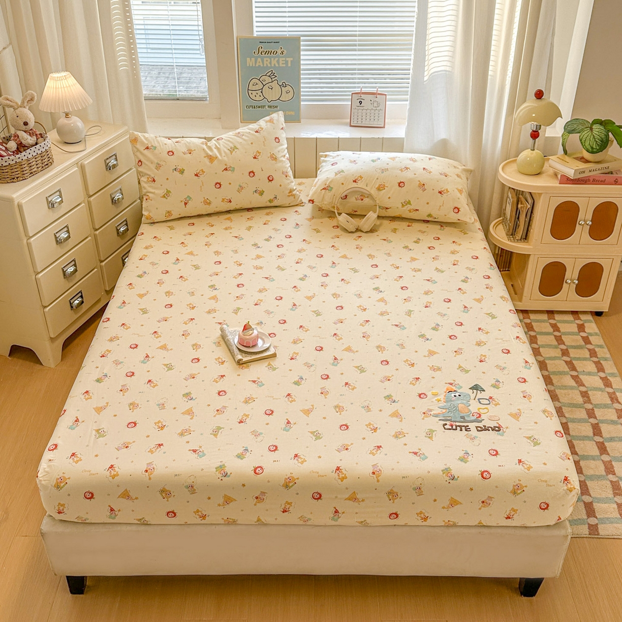 91家纺网 家纺一手货源 找家纺 易辰美 2026新款13372全棉纯棉印花卡通床笠单品床笠单件单床笠 星星恐龙