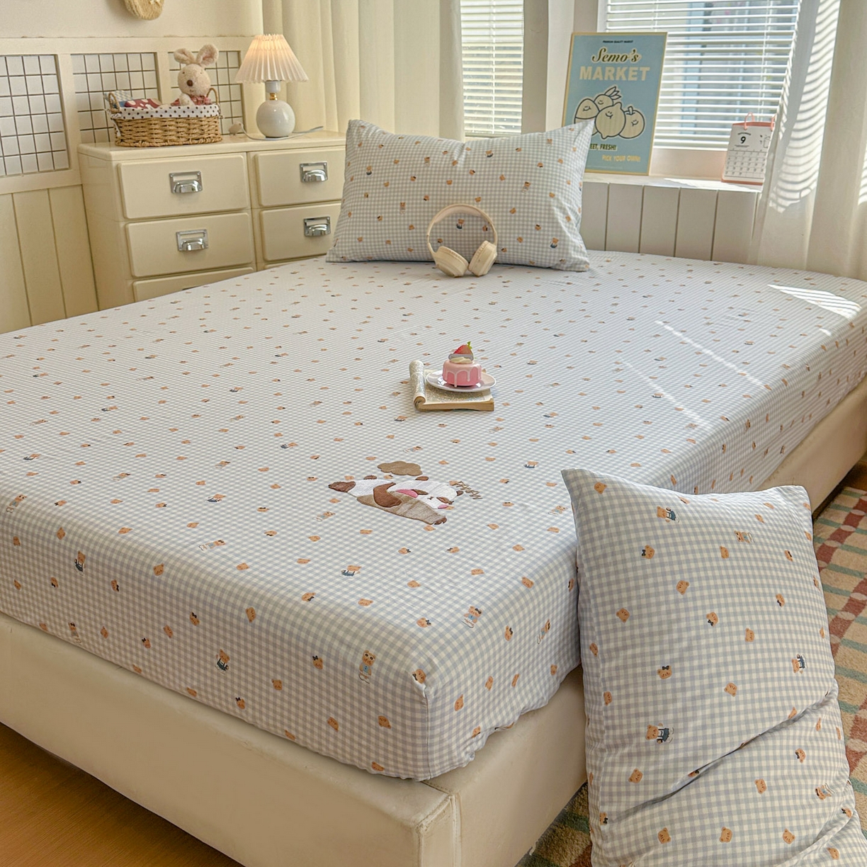 91家纺网 家纺一手货源 找家纺 易辰美 2026新款13372全棉纯棉印花卡通床笠单品床笠单件单床笠 趴趴熊