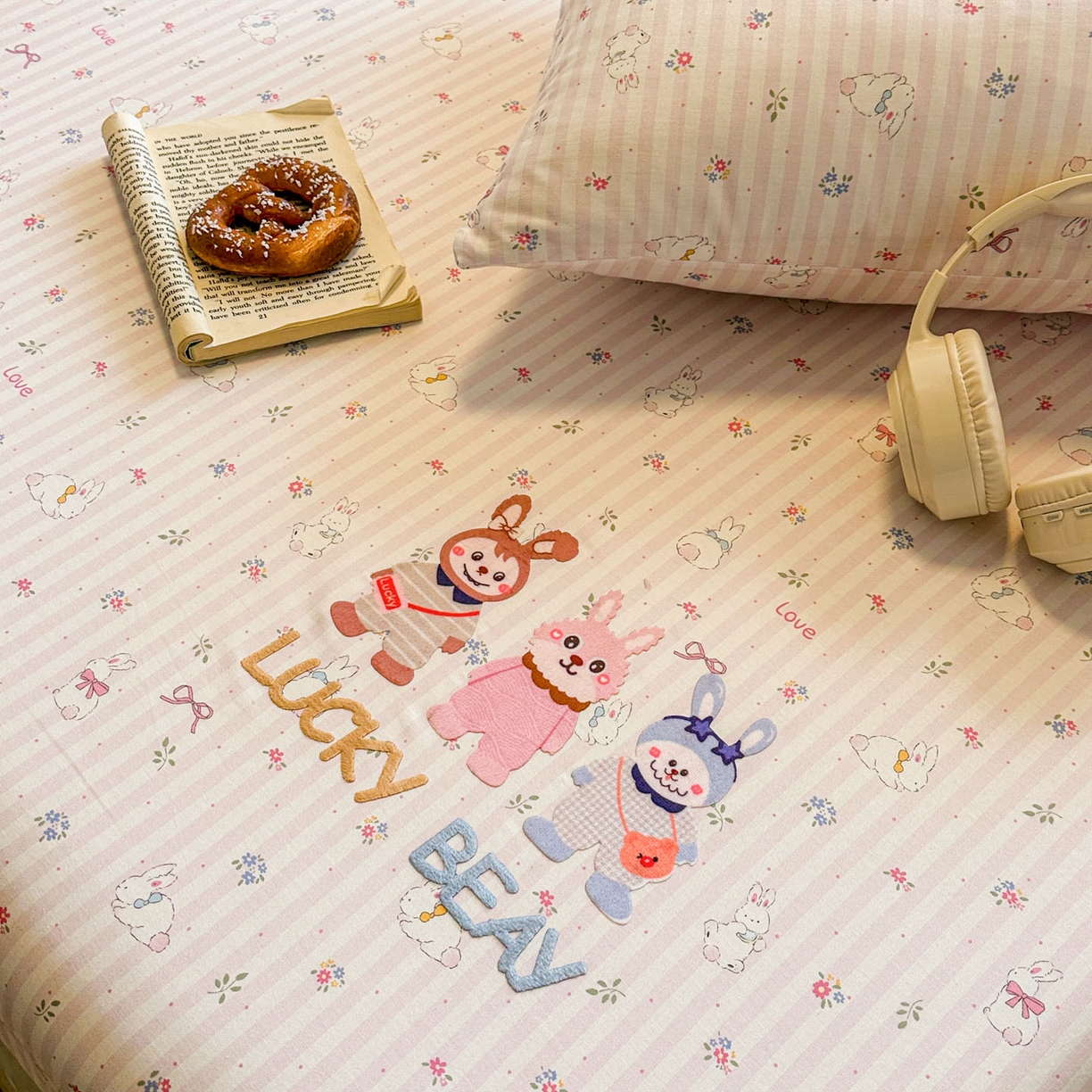 91家纺网 家纺一手货源 找家纺 易辰美 2026新款13372全棉纯棉印花卡通床笠单品床笠单件单床笠 三只兔子