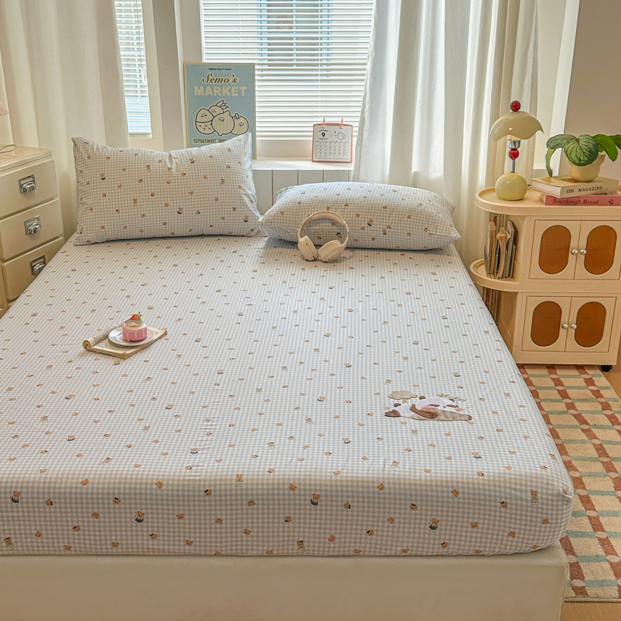 91家纺网 家纺一手货源 找家纺 易辰美 2026新款13372全棉纯棉印花卡通床笠单品床笠单件单床笠 趴趴熊