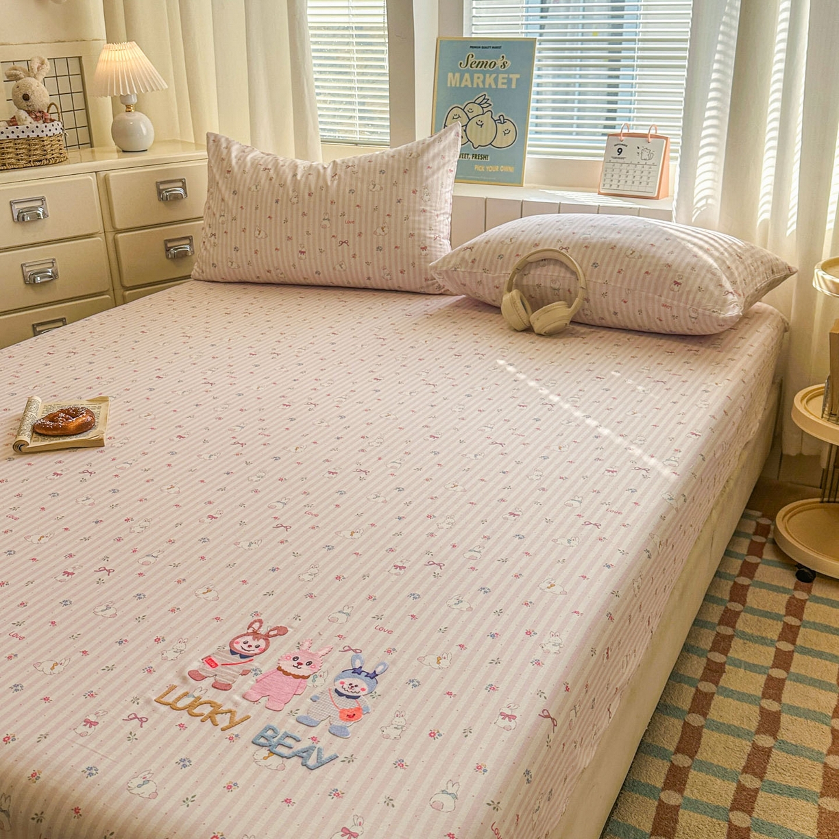 91家纺网 家纺一手货源 找家纺 易辰美 2026新款13372全棉纯棉印花卡通床笠单品床笠单件单床笠 三只兔子