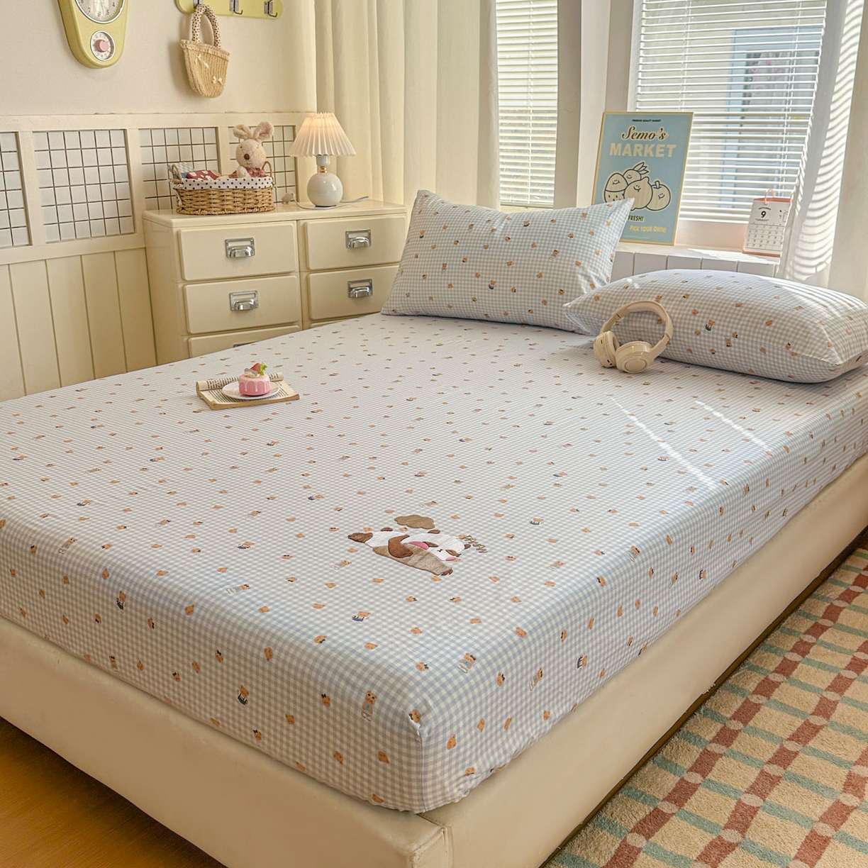 91家纺网 家纺一手货源 找家纺 易辰美 2026新款13372全棉纯棉印花卡通床笠单品床笠单件单床笠 趴趴熊